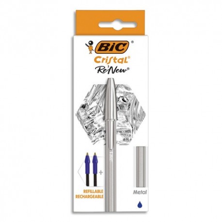 BIC Stylo rechargeable Cristal Re-New, en métal Argent à capuchon. Pointe moyenne+2 recharges encre Bleue