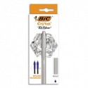 BIC Stylo rechargeable Cristal Re-New, en métal Argent à capuchon. Pointe moyenne+2 recharges encre Bleue - Bleu