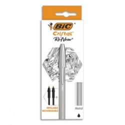 BIC Stylo rechargeable Cristal Re-New, en métal Argent à capuchon. Pointe moyenne+2 recharges encre Noire