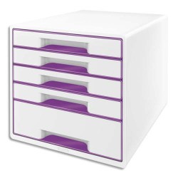 LEITZ Bloc de classement WOW 5 tiroirs, blanc laqué tiroirs Violet - Dim. L28,7 x H27 x P36,3 cm