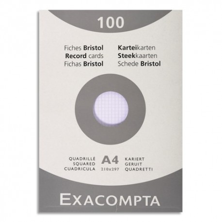 EXACOMPTA Etui de 100 fiches bristol non perforées 210x297mm (A4) quadrillées 5x5 Blanc