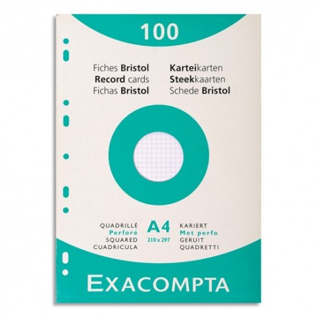 EXACOMPTA Etui de 100 fiches bristol perforées 210x297mm (A4) quadrillées 5x5 Blanc