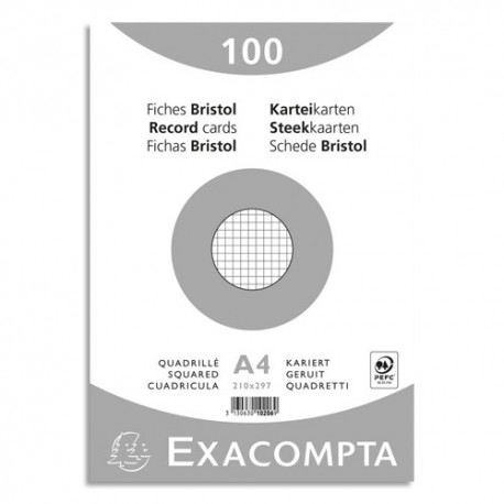 EXACOMPTA Sachet de 100 fiches bristol (sous-film) non perforées 210x297mm ( A4) quadrillées 5x5 Blanc - Direct Papeterie.com