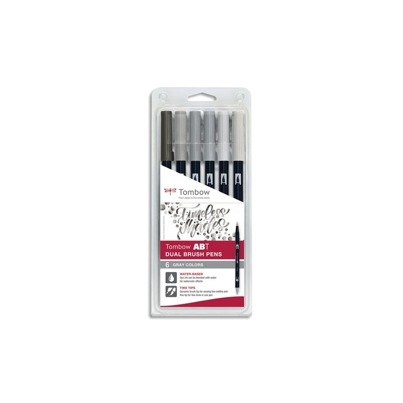Set 6 ABT Dual Brush Pen, feutre avec pointe fine et pointe pinceau Tombow,  à base d'eau - couleur gris pas cher