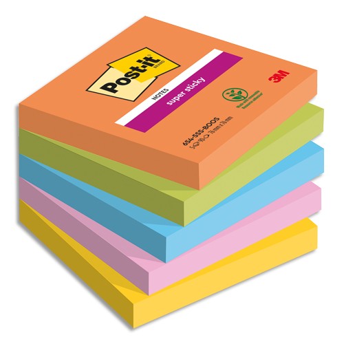 POST-IT® Notes Super Sticky Boost 76x76mm. Lot de 5 blocs de 90 F. Ass :  orange/vert/bleu/rose/jaune. - Direct Papeterie.com