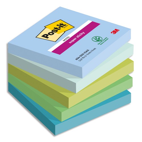 POST-IT® Notes Super Sticky Oasis. 76x76mm. Lot de 5 blocs de 90 feuilles.  Ass : bleu et vert. - Direct Papeterie.com
