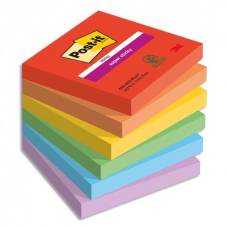 POST-IT® Notes Super Sticky Playful 76x76 mm. 6 blocs, 90F. Ass :  rouge/orange/jaune/vert/bleu/violet. - Direct Papeterie.com