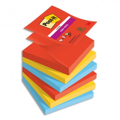 POST-IT® Z-Notes Super Sticky Playful 76x76 mm. 6 blocs, 90F. Ass : rouge/orange/jaune/vert/bleu/violet.