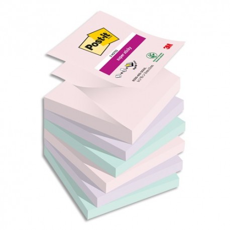 POST-IT® Z-Notes Super Sticky Soulful. 76 x 76 mm.Lot de 6 blocs de 90 F.  Ass : rose, bleu et vert. - Direct Papeterie.com