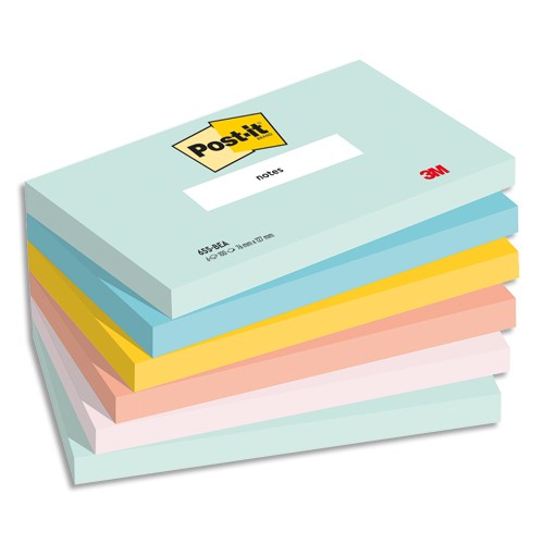POST-IT® Notes Beachside 76 x 127 mm. Lot de 6 blocs, 100 F. Ass : vert,  bleu, jaune, orange, rose. - Direct Papeterie.com