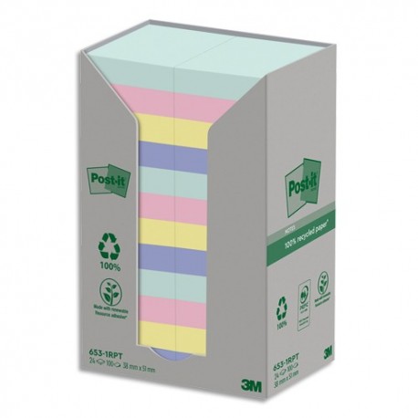 POST-IT® Notes Post-it Recyclées Nature. 47.6 x 47.6 mm. 24 blocs, 100 F. Ass : vert, rose, bleu, jaune.