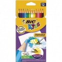 Crayon de couleur aquarellable Bic AQUACOULEUR. Corps 17,5cm.pochette de 12 Coloris assortis