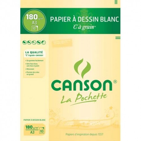 CANSON Pochette de 10 feuilles de papier dessin C A GRAIN 180g A3