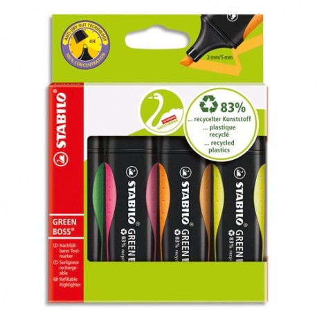 Surligneur Stabilo Greenboss 83% de matière recyclée, coloris assortis pochette de 4