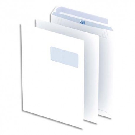 Oxford boite 250 pochettes blanches auto-adhésives 100g format C4 229x324 mm avec fenêtre 55x100 mm